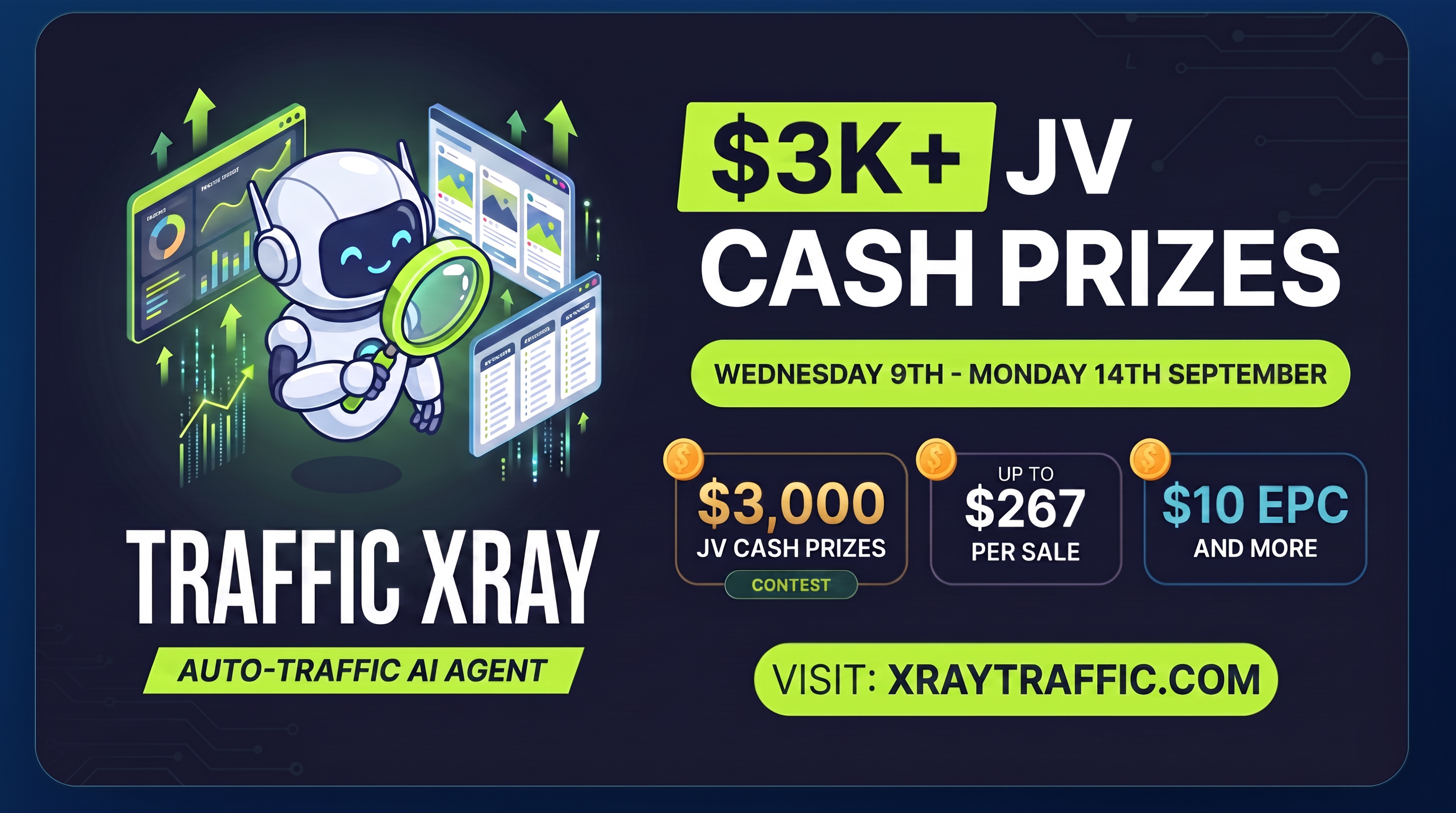 Traffic Xray affiliate launch promotion running Wednesday 9th through Monday 14th September, with $3,000 in JV cash prizes and earnings of up to $267 per sale