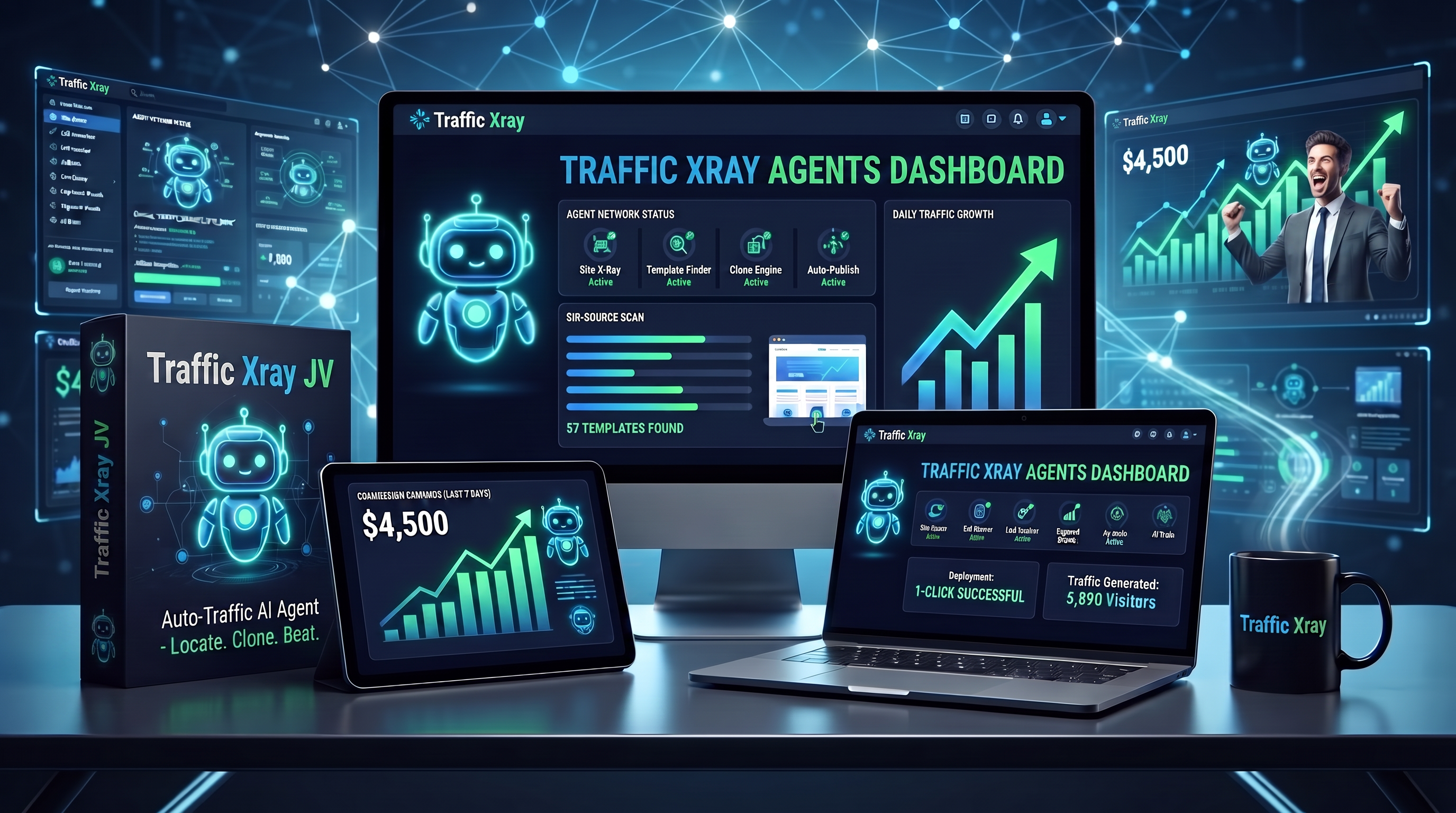 Traffic Xray JV product suite with the Traffic Xray Agents Dashboard displayed across desktop, laptop and tablet screens