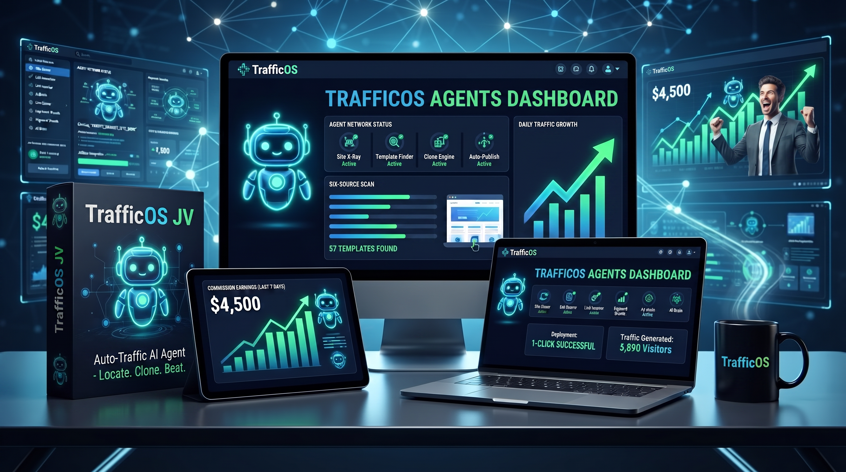 TrafficOS JV product suite with the TrafficOS Agents Dashboard displayed across desktop, laptop and tablet screens