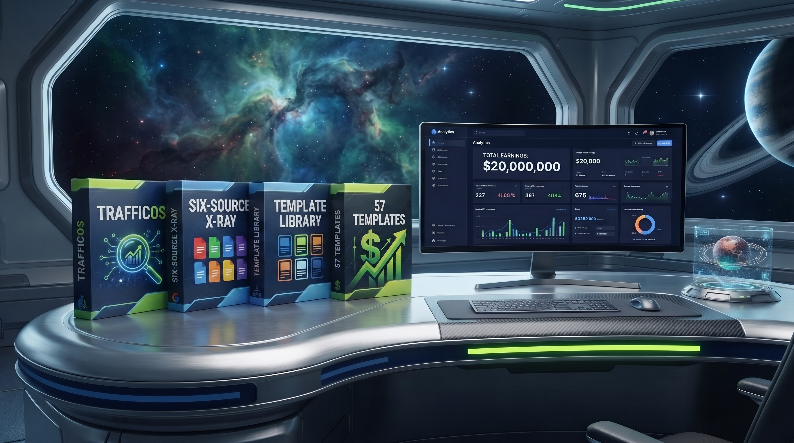 TrafficOS customer bundle featuring the TrafficOS platform, Six-Source X-Ray, Template Library and 57 Templates beside the analytics dashboard