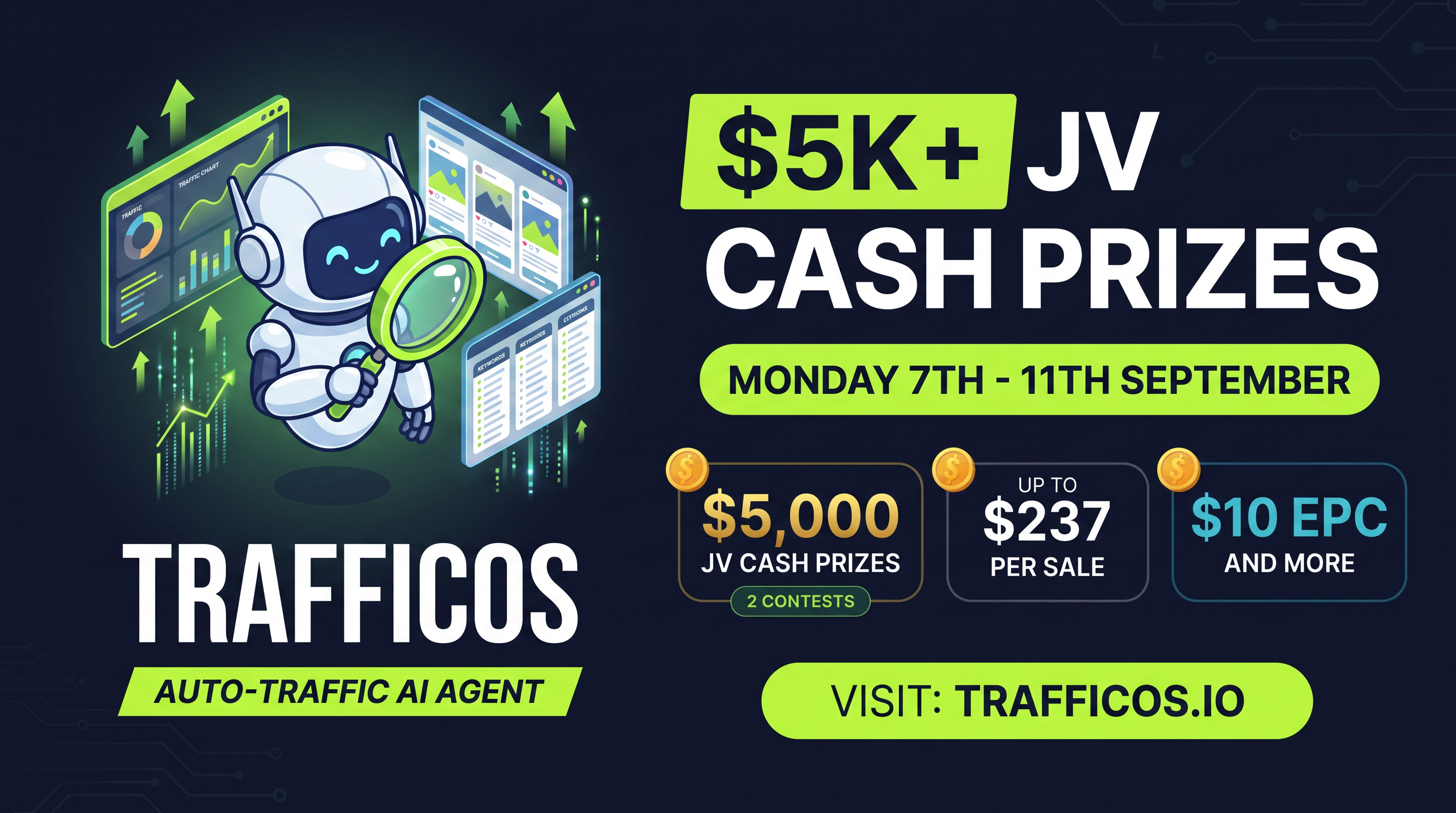 TrafficOS affiliate launch promotion with cash prizes, commissions and launch dates