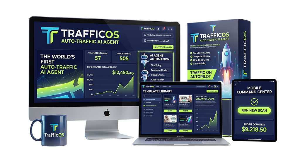 TrafficOS lifetime software bundle displayed across desktop, laptop and mobile devices with the TrafficOS product box