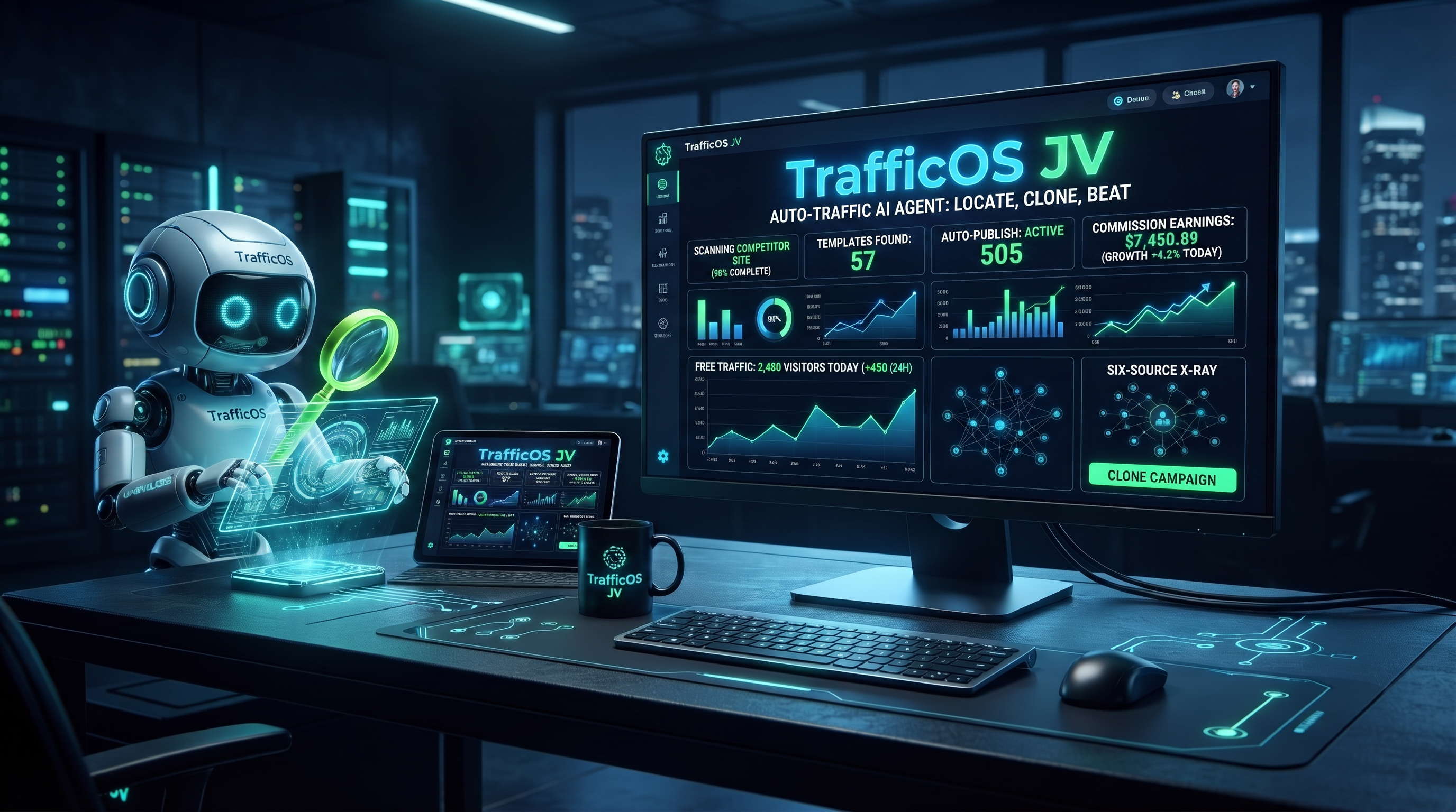 TrafficOS AI agent locating competitor traffic beside the TrafficOS JV campaign dashboard and Clone Campaign control
